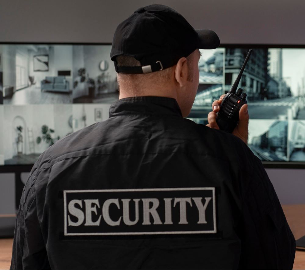 Beveiliger monitort beveiligingscamera's op schermen en communiceert via portofoon binnen een zorginstelling