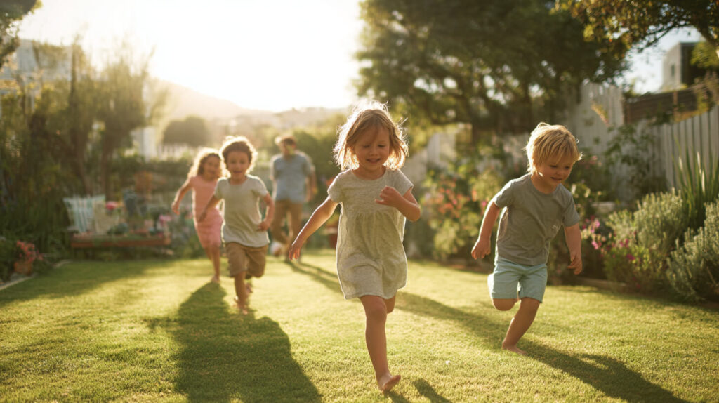 Kinderen rennen en spelen samen in de tuin tijdens een middag vol buiten spelen.