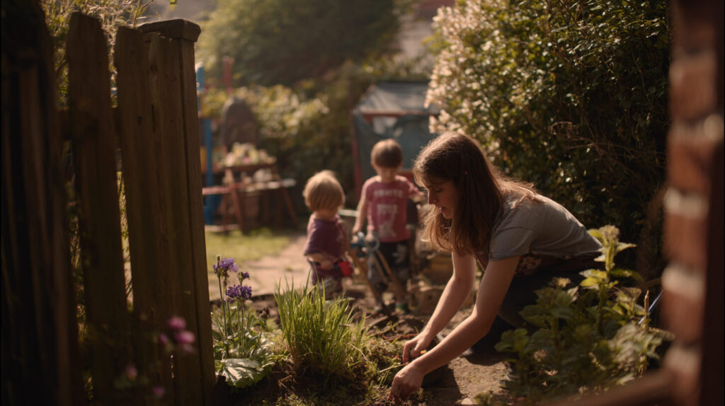 Ouder en kinderen ontdekken samen de tuin tijdens buiten spelen in een groene omgeving.