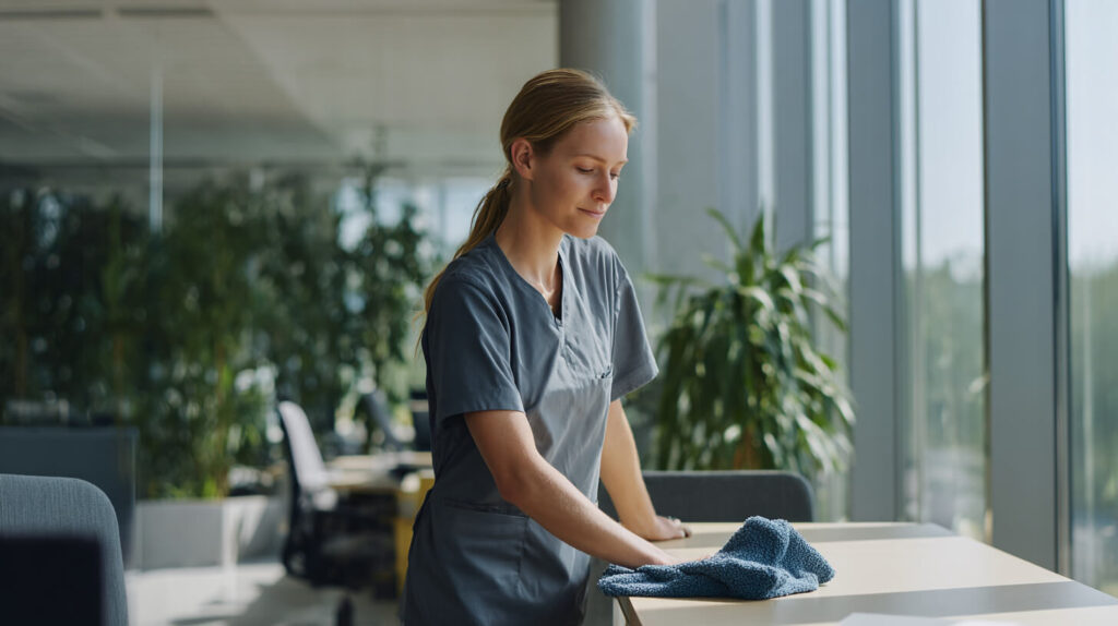 Vrouw in grijze werkkleding maakt een bureau schoon met een blauwe microvezeldoek, in een moderne, lichte kantoorruimte met planten.